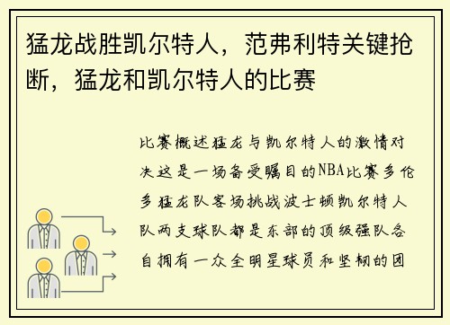 猛龙战胜凯尔特人，范弗利特关键抢断，猛龙和凯尔特人的比赛
