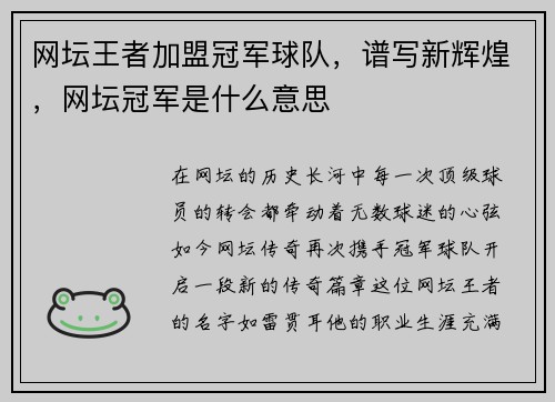 网坛王者加盟冠军球队，谱写新辉煌，网坛冠军是什么意思